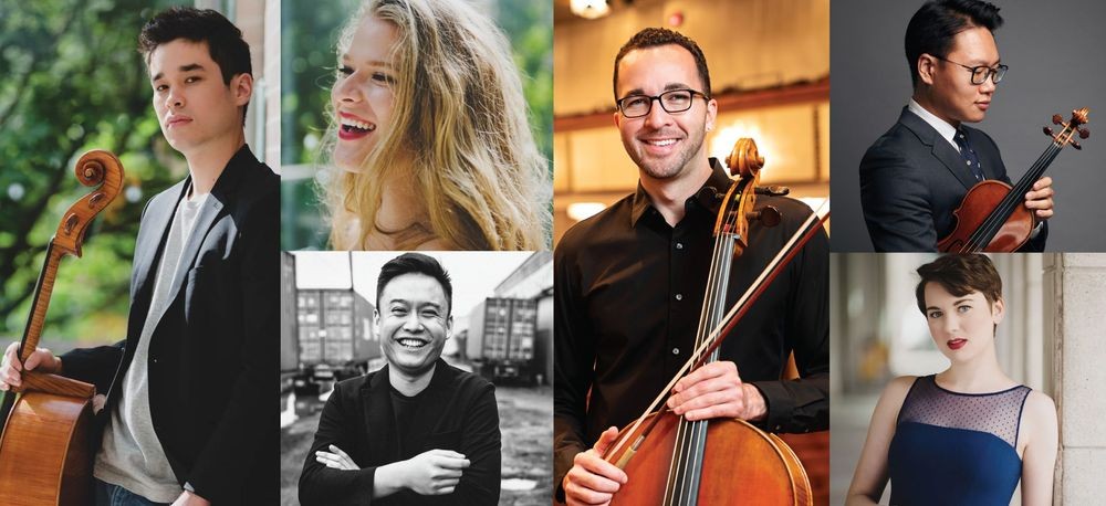 Clockwise from left: Richard Narroway (cello), Georgia Buraskho (mezzo-soprano), Britton Riley (cello), Byungchan Lee (violin), Sydney Baedke (soprano), Kevin Ahfat (piano)